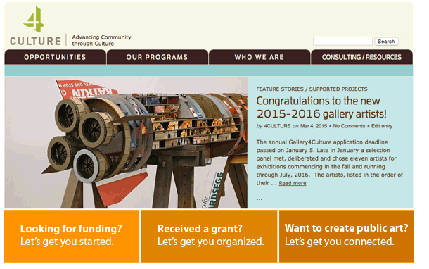 altered 4Culture home page with guided links to funding