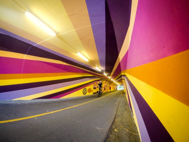 The mural's design has helped to introduce a sense of openness and expanse, enhancing visibility and public safety in this gateway between communities and natural landmarks. Photo: Eli Brownell, King County Parks.