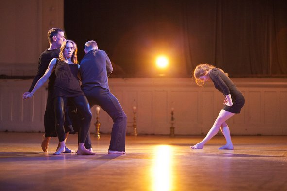 Mark Haim, Alia Swersky, Scott Davis, and Corrie Beffort in Salt Horse's "12 Hour Play", photo by Tim Summers.