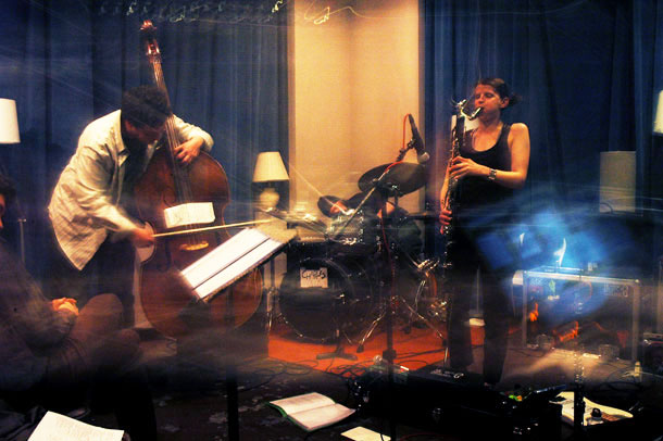 Beth Fleenor and Figeater in the Jack Straw studio, photo by Rebecca Williams.