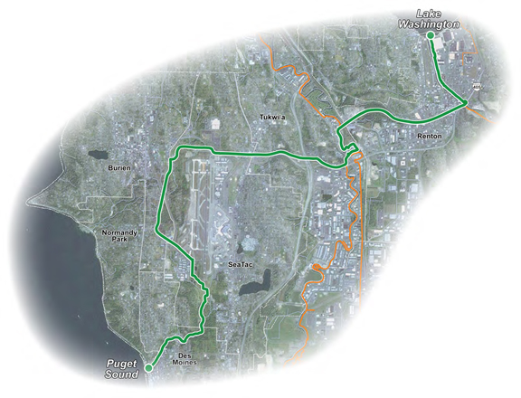 Currently in phased development and slated for completion in 2023, this 16-mile regional trail will link the shoreline of Lake Washington in Renton to the shoreline of Puget Sound in Des Moines, while passing through the cities of Tukwila, SeaTac and Burien.
