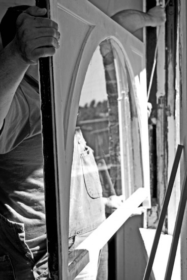Learning to restore wood windows at Washington Hall, Vets Restore program © 2013 Brandee Beau Photography