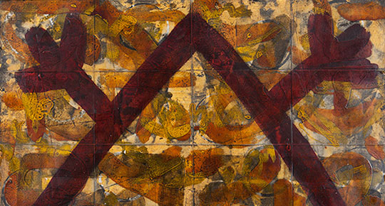 Shaun Doll, Hobo Sign Meaning “Man With a Gun”, 2015, encaustic paintaing © 2015 photo by Erik Bell
