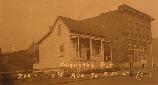Archival image of a vertical plank dwelling, Courtesy of Historic Seattle