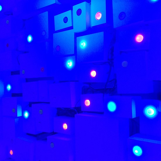 Looking down at Sweep (detail) © 2015 Let’s, wood, paint, electronics, light and sound
