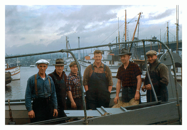 Crew of Alma at Fishermen's Terminal, Seattle © ca. 1940, courtesy of Jim Bergquist and Deep Sea Fishermen's Union