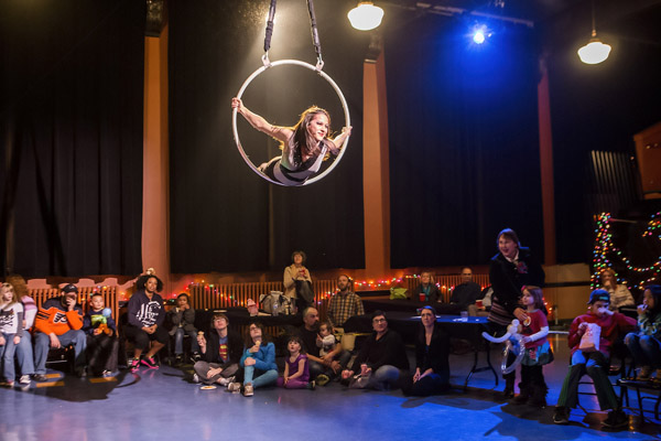 Cabiri aerialists perform in Youngstown’s theater, where the ground is settling. Photo by Suzi Pratt.