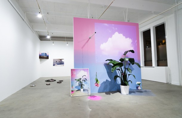 Brit Ruggirello. Brit_2, 2015. Archival inkjet print, wall paint, pink sand, Ikea leg, fake flowers, ribbon, office mat, plant, and white vase.