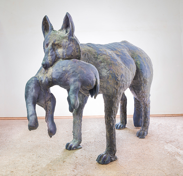 © 2016 Andrew Hoeppner. Coyote with Rabbit. Ceramic. 33 x 48 x 24 inches. Photo: Phillip Carpenter.