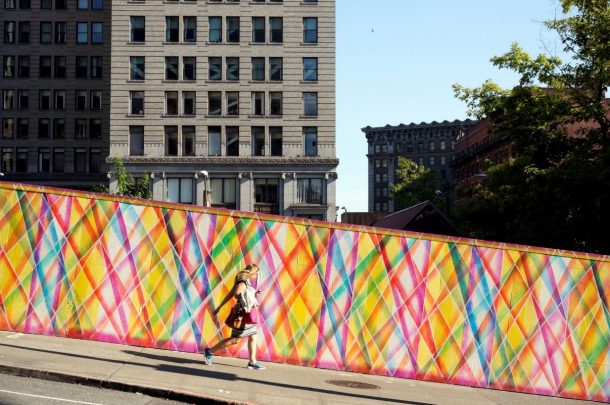 ¾ Time, 2014, Collaboration with Joseph Park, acrylic paint, 8’ x 200’, Civic Square Fence, Cherry Street between 3rd and 4th Avenues, City of Seattle Office of Arts & Culture. Photo by Claude Zervas.