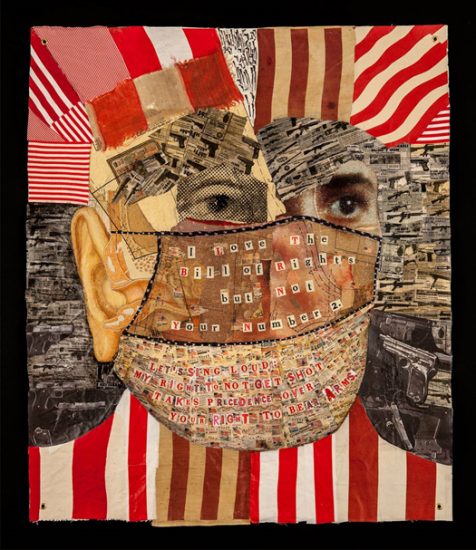Deborah Faye Lawrence. Open Carry, 2016. Fabric and paper collage on canvas. 40 3/4 x 34 3/4 inches. Photo: Lynn Thompson.