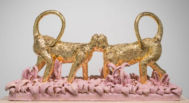Andrew Hoeppner. Monkeys, 2016. Ceramic, glaze, and 24K gold. Photo: Joe Freeman