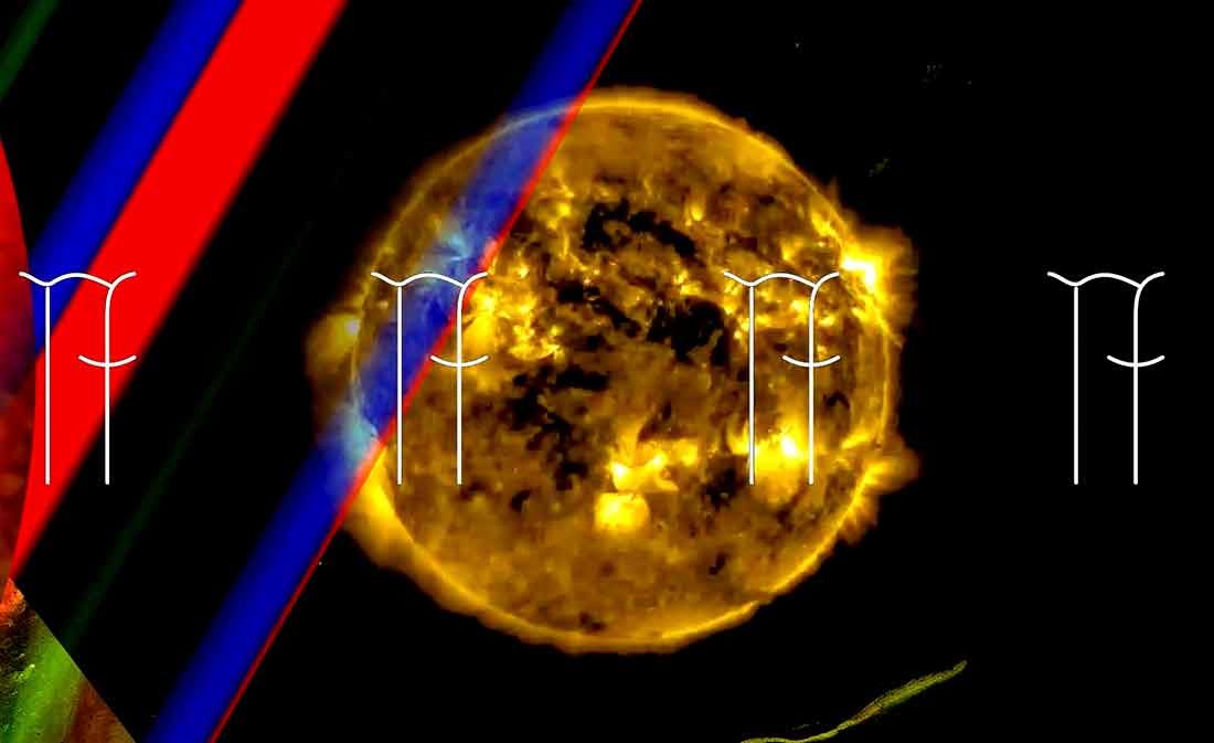 There is an image of the sun against a black background. A row of four identical symbols spans the middle of the image. On the uppermost left side of the image there are two blue and red lines diagonally spanning the image.