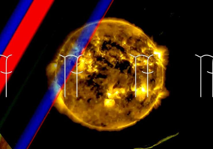 There is an image of the sun against a black background. A row of four identical symbols spans the middle of the image. On the uppermost left side of the image there are two blue and red lines diagonally spanning the image.