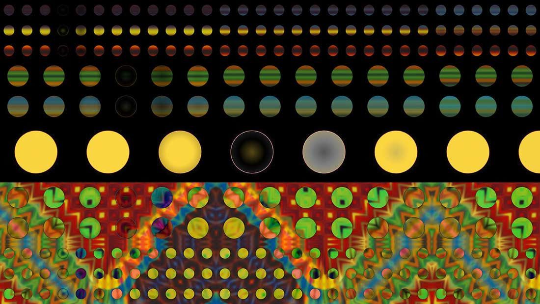 This image comprises of horizontal rows of circles. The three rows on the bottom and three rows on the top are small circles, the next two rows on the top and bottom are slightly larger and the largest circles are in the middle row. Just below the row of large circles is a line that separates a completely black background from a burgundy background with lines of colorful waves and patterns. The circles have a variety of colors and patterns within them.