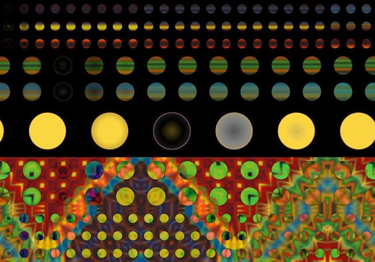 This image comprises of horizontal rows of circles. The three rows on the bottom and three rows on the top are small circles, the next two rows on the top and bottom are slightly larger and the largest circles are in the middle row. Just below the row of large circles is a line that separates a completely black background from a burgundy background with lines of colorful waves and patterns. The circles have a variety of colors and patterns within them.