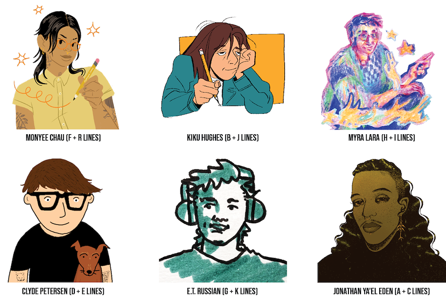 Six illustrated portraits of people, each with their name and stylized art style, arranged in two rows. Each image features unique line and color techniques reflecting diverse artistic approaches.