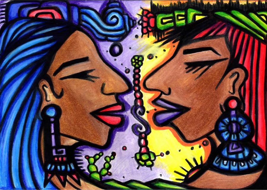 Two stylized women with vibrant blue and red hair face each other closely, surrounded by abstract, colorful patterns and shapes inspired by Indigenous or Aztec art. The background features bright purples, yellows, and greens.