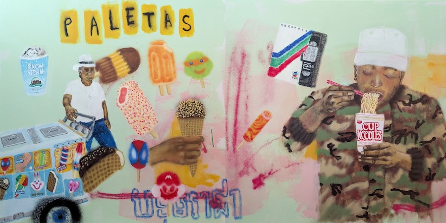A colorful mural showing a paleta vendor with an ice cream cart surrounded by various frozen treats. On the right, a person in camouflage eats Cup Noodles. Bright, playful images and words like PALETAS fill the background.