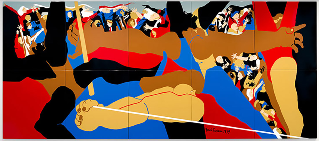 Colorful abstract painting depicting a chaotic scene with outstretched arms, expressive faces, and dynamic red, blue, black, and brown shapes, conveying a sense of struggle and movement. The artwork is signed Jacob Lawrence 1977.
