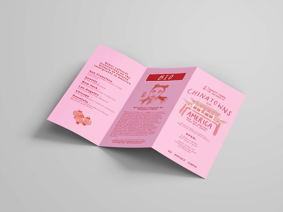 A pink trifold brochure is open on a light surface. It features illustrations, a biography section with a portrait, event information for Chinatowns in America, and stylized text in red and white.