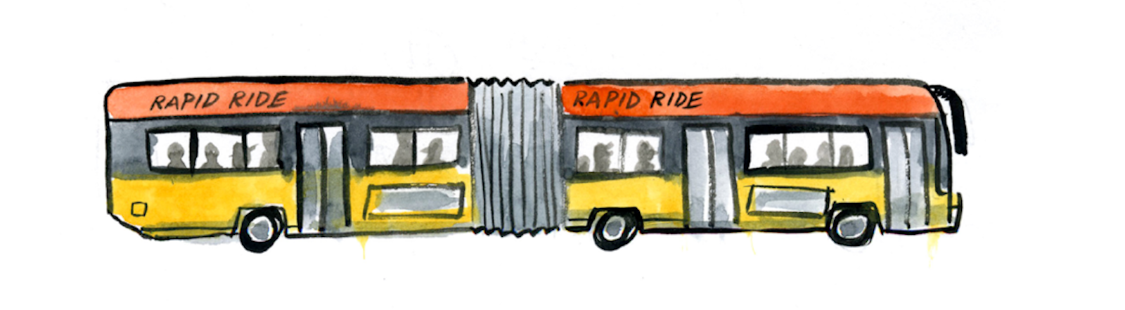 Illustration of a yellow and orange articulated bus labeled Rapid Ride, with silhouettes of passengers visible through the windows.