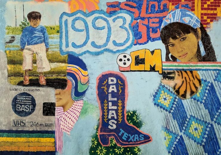 A vibrant collage featuring a child on steps, a womans portrait, VHS tape, 1993, Dallas Texas on a cowboy boot, bright patterns, and bold colors evoke a nostalgic 1990s theme.