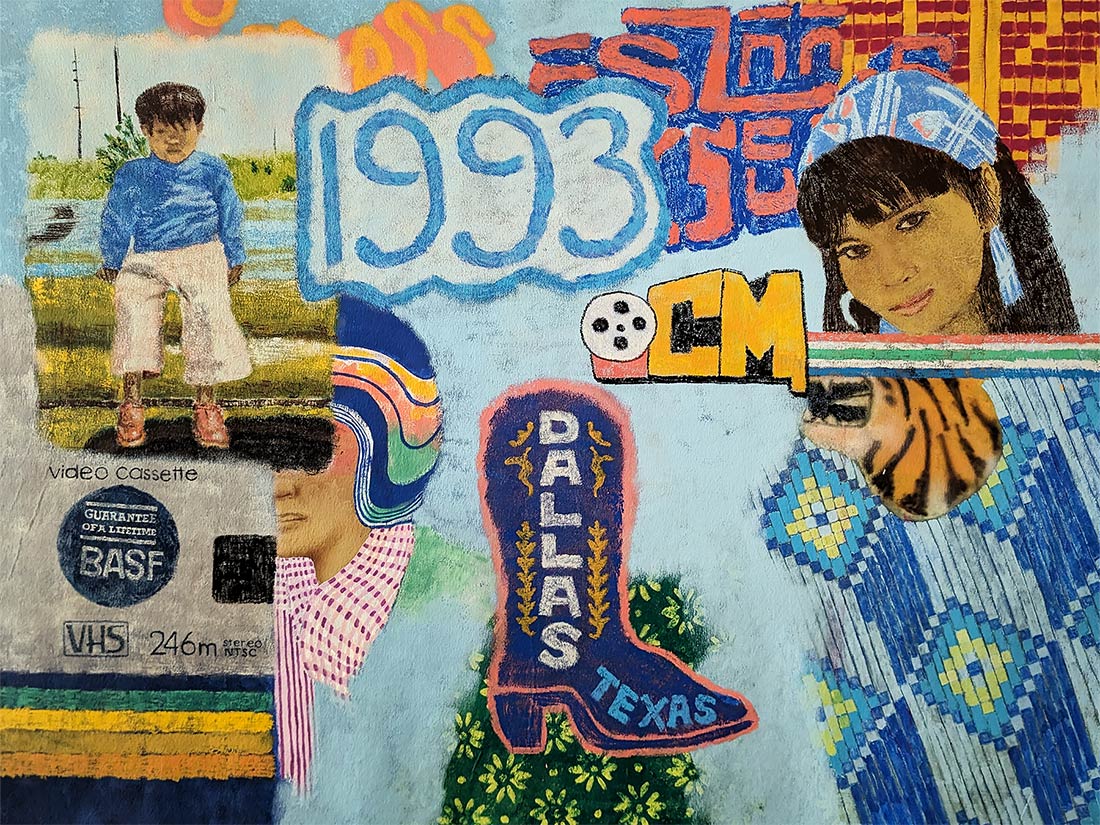 A vibrant collage featuring a child on steps, a womans portrait, VHS tape, 1993, Dallas Texas on a cowboy boot, bright patterns, and bold colors evoke a nostalgic 1990s theme.
