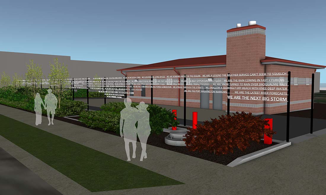 A digital rendering shows a landscaped walkway with silhouettes of people near a brick building. Metal poles display horizontal text, and red sculptural elements are placed among shrubs and greenery.