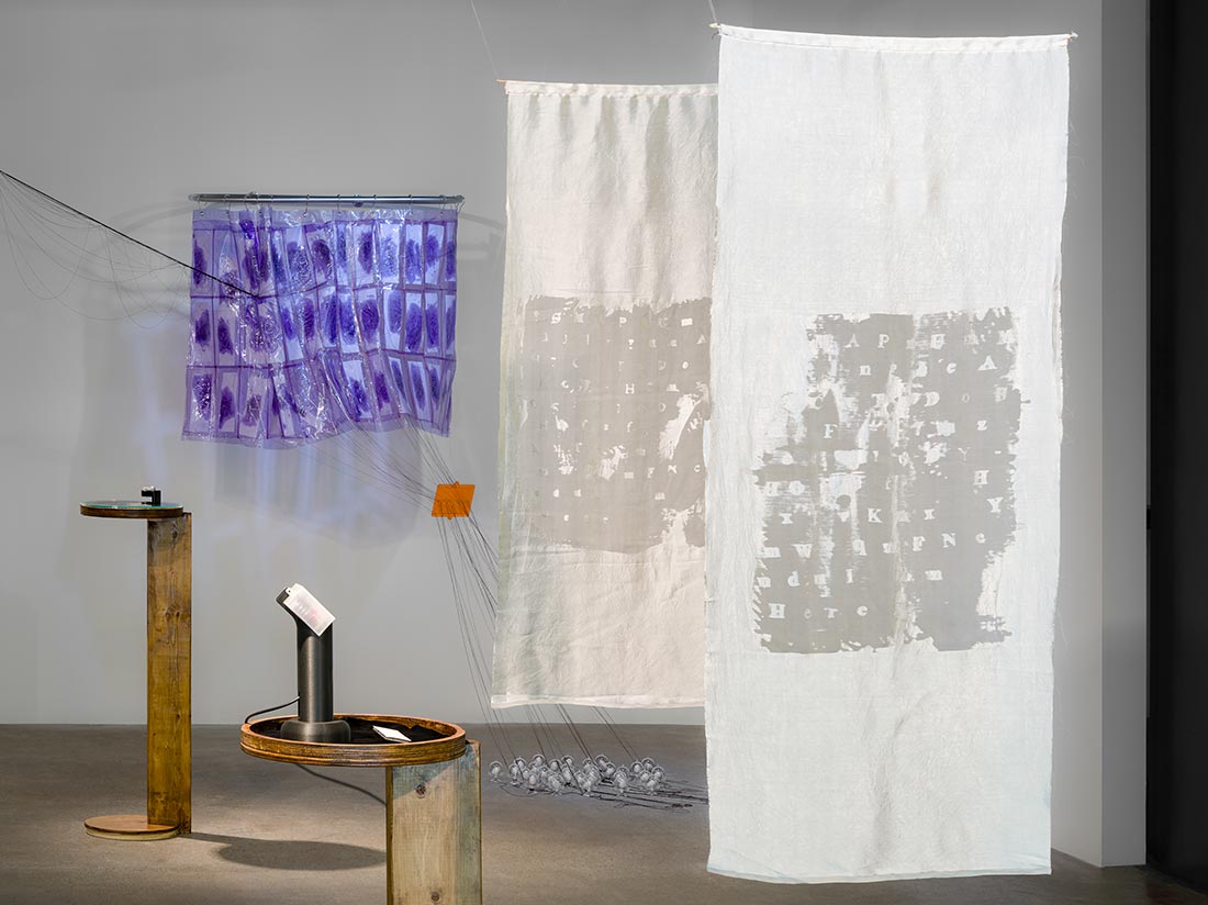 An art installation features translucent hanging fabrics with abstract patterns and letters, a purple panel with multiple rectangular shapes, and curved wooden stands with attached objects, set in a minimalist gallery space.