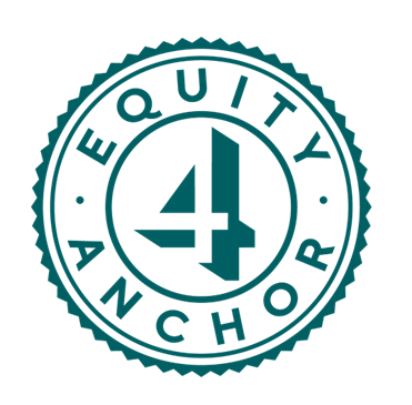 A teal circular badge with a zigzag edge features a large number 4 in the center. The words EQUITY ANCHOR are written around the 4 in a circular arrangement.