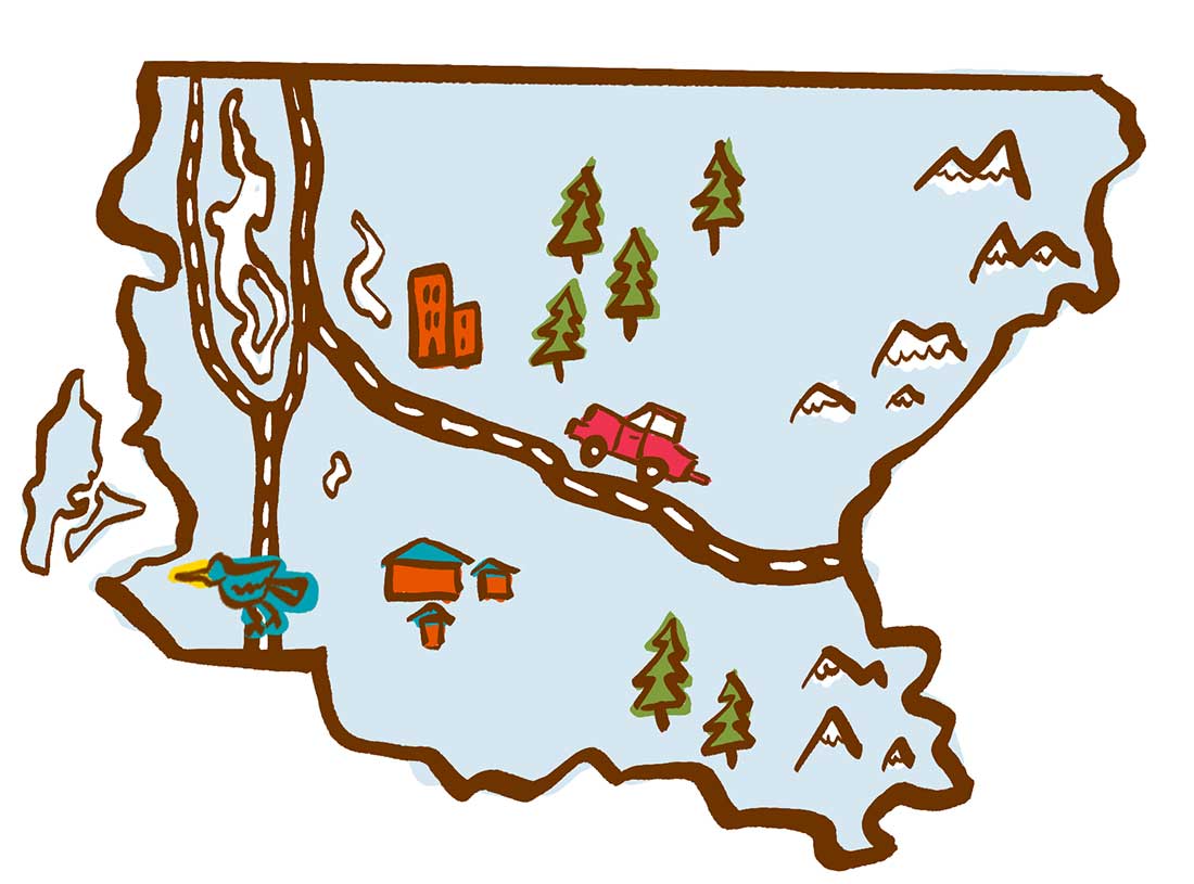 Hand-drawn map with a road running through forests, mountains, and buildings. A red car drives on the road, with trees, houses, and a bird on the left side. The map uses simple, colorful illustrations.