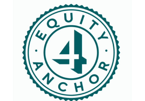 A circular teal logo with a jagged edge. Inside, the number 4 is stylized in the center. The words EQUITY and ANCHOR are written along the top and bottom edges of the circle.