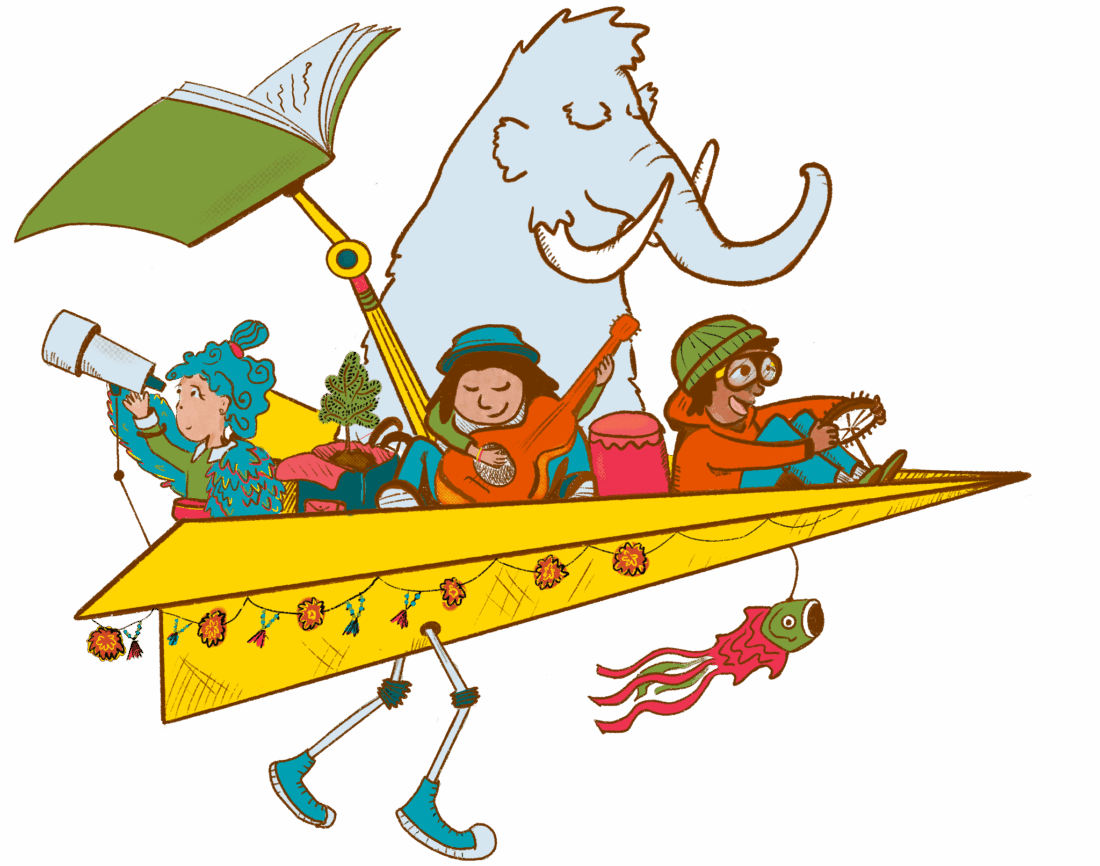 Three children ride a large yellow paper airplane decorated with lights and a fish-shaped streamer; one strums a guitar, another looks through binoculars, and a third steers. A blue woolly mammoth floats above them, holding a book.