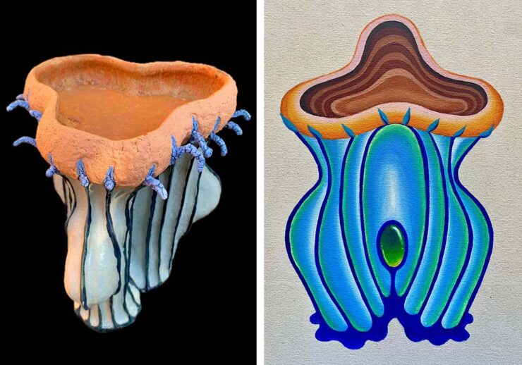 Side-by-side images of an abstract, organic form: on the left, a sculpted, clay-like structure with blue, tentacle-like protrusions; on the right, a colorful, painted interpretation of a similar shape with blue and brown tones.