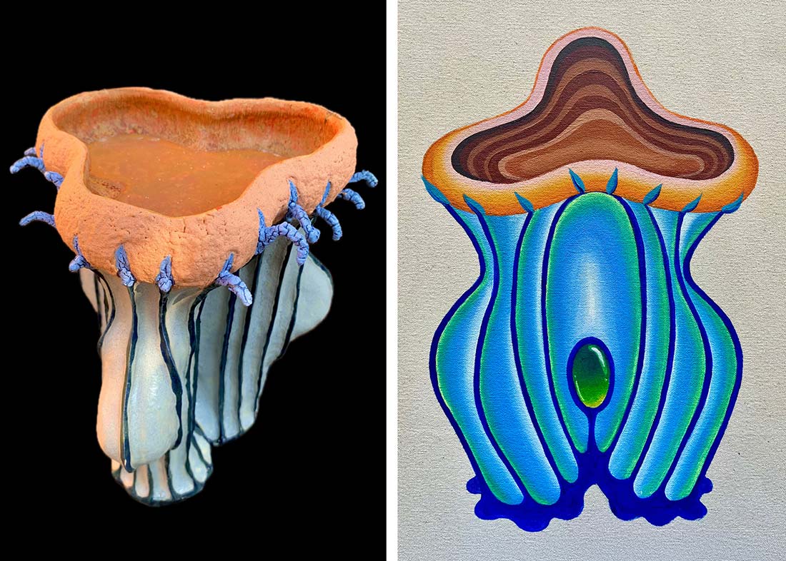 Side-by-side images of an abstract, organic form: on the left, a sculpted, clay-like structure with blue, tentacle-like protrusions; on the right, a colorful, painted interpretation of a similar shape with blue and brown tones.