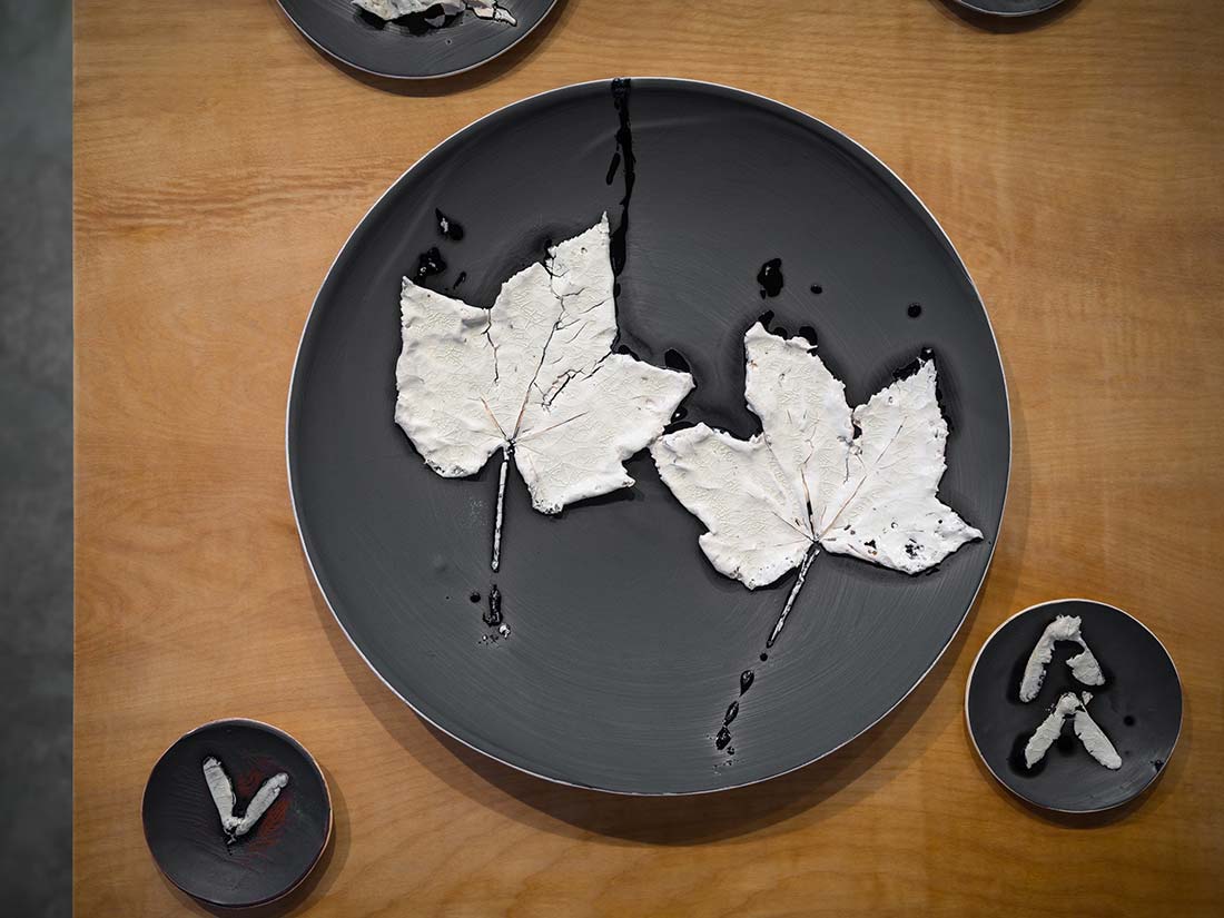 A black plate with two white, leaf-shaped textured pieces, resembling maple leaves, placed side by side. The plate is on a wooden surface and small dishes with abstract white shapes surround it.