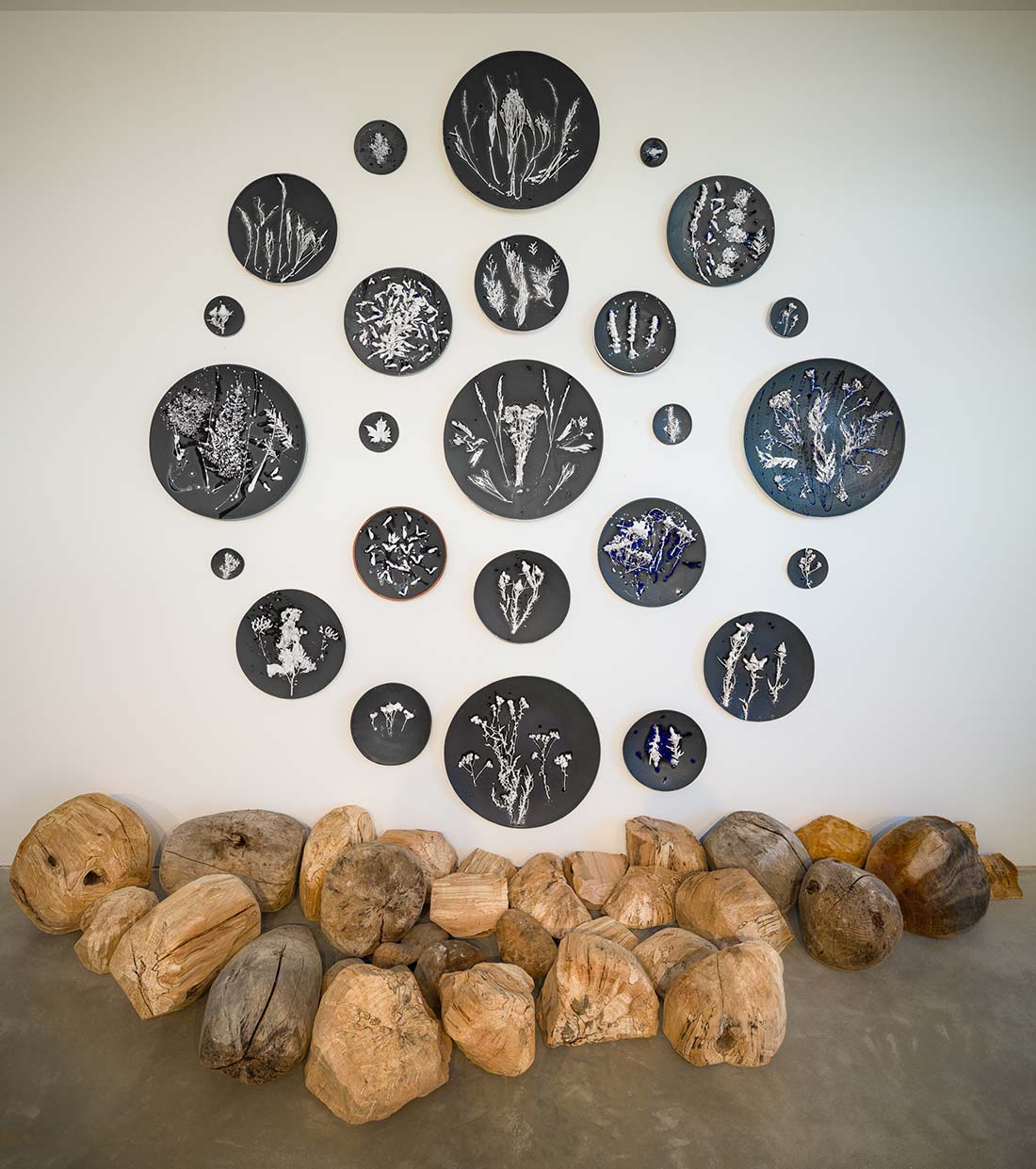 A wall displays circular black plaques with white botanical illustrations arranged in a cluster above a floor lined with assorted natural wooden logs.