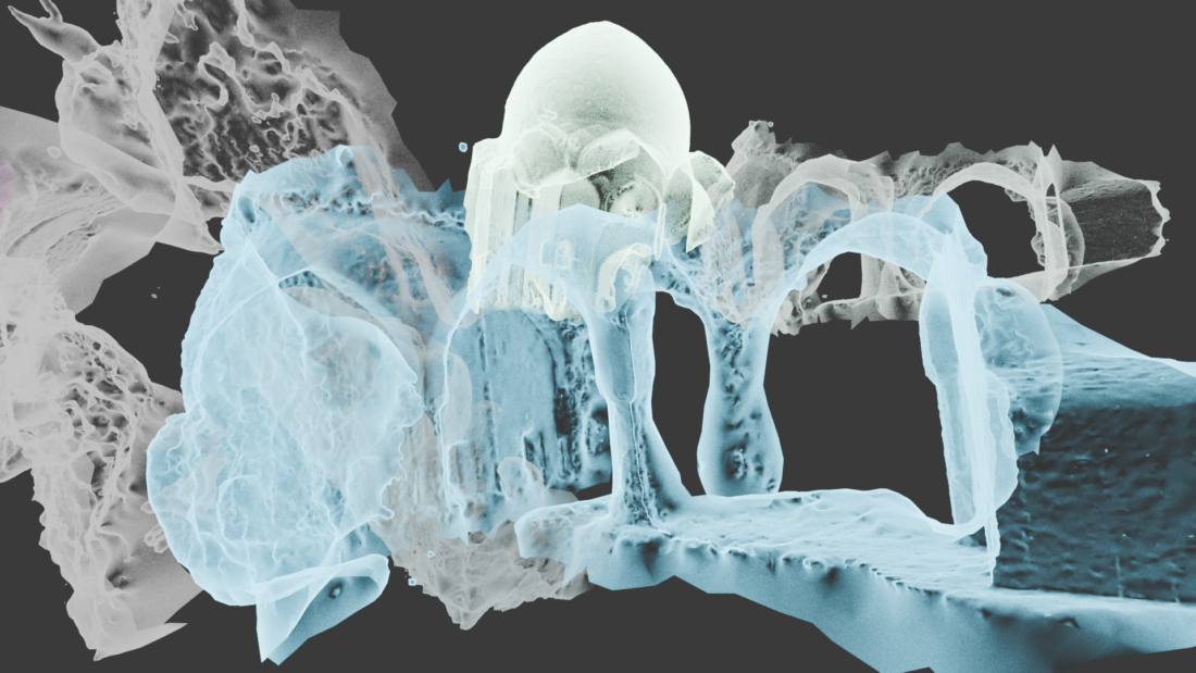 Abstract digital artwork featuring translucent, overlapping organic shapes in shades of blue and white, set against a dark background, resembling microscopic or underwater forms.