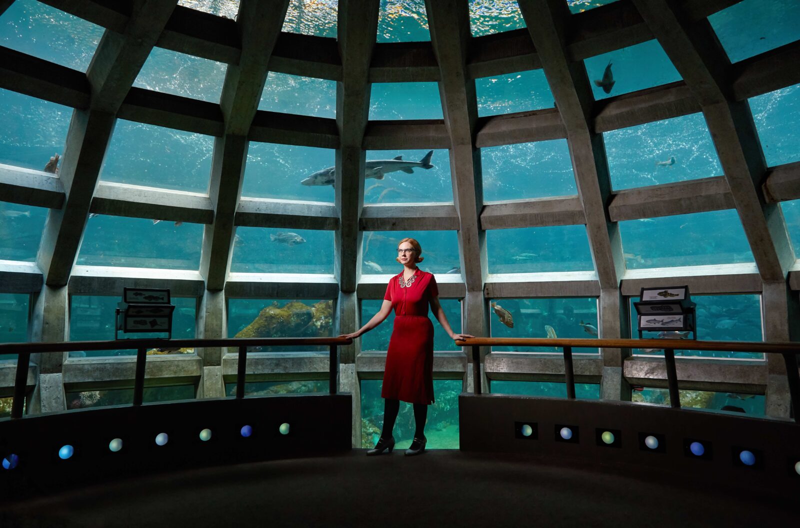 A woman in a red dress stands inside an aquarium tunnel, surrounded by large glass windows with various fish and a shark swimming in the water behind her.