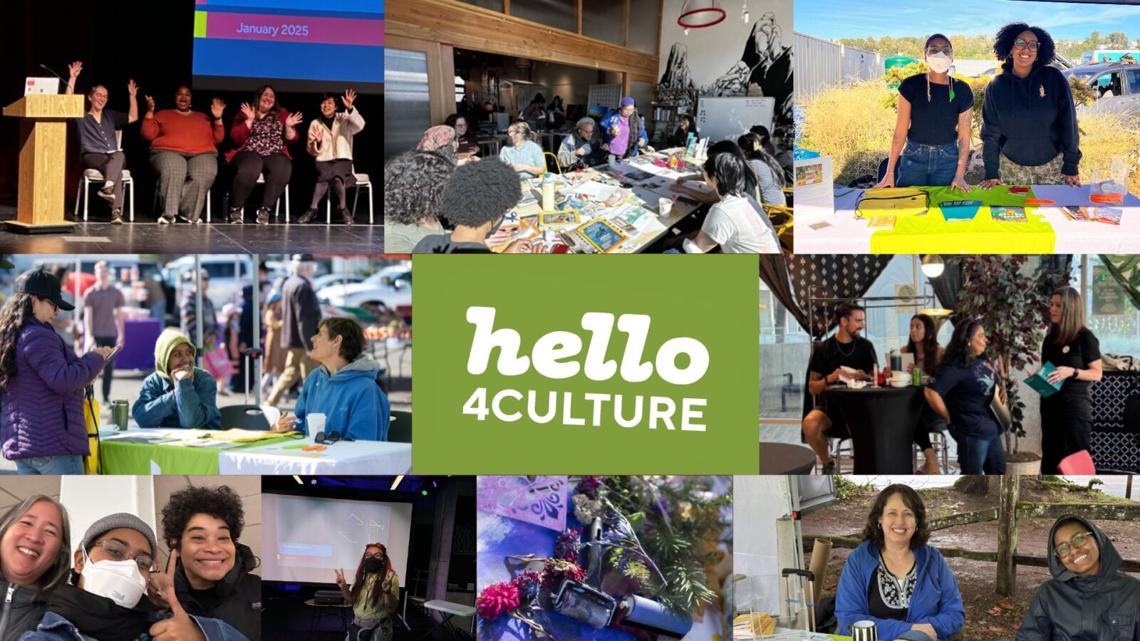 A collage of diverse people engaging in community events, workshops, outdoor activities, and crafts, centered around a green box with the text hello 4CULTURE. Smiles, teamwork, and creativity are highlighted throughout.