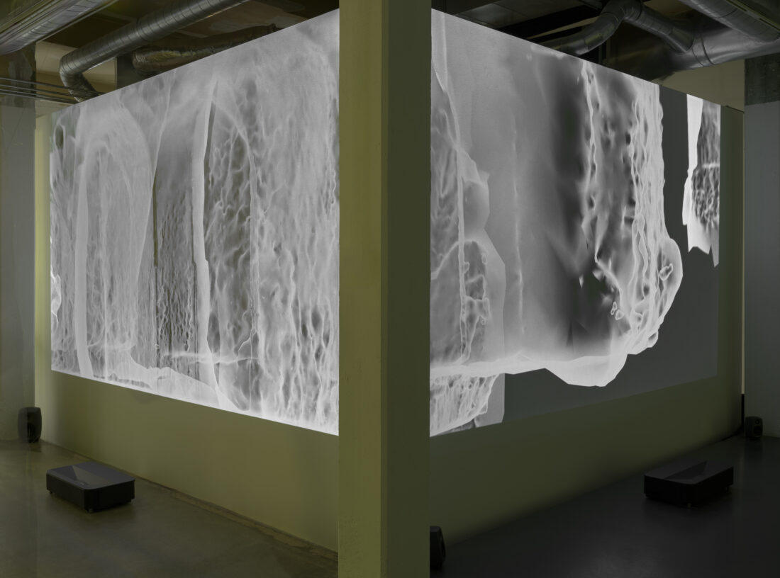 A large, abstract black-and-white image with textured, organic patterns is projected onto two walls of a dimly lit room with industrial features. Benches are placed nearby for viewers to sit and observe.