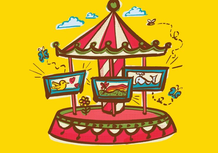 Colorful illustration of a carousel on a yellow background, featuring panels with a duck, fish, and whale instead of traditional seats. Butterflies, a bee, and small clouds add playful details to the scene.