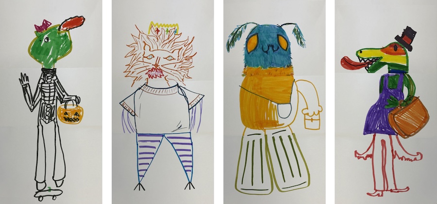 Four colorful, childlike drawings of animals in Halloween costumes: a skeleton frog, a cat with a crown, a furry blue-and-yellow creature in striped pants, and a rainbow dinosaur in a dress and top hat.