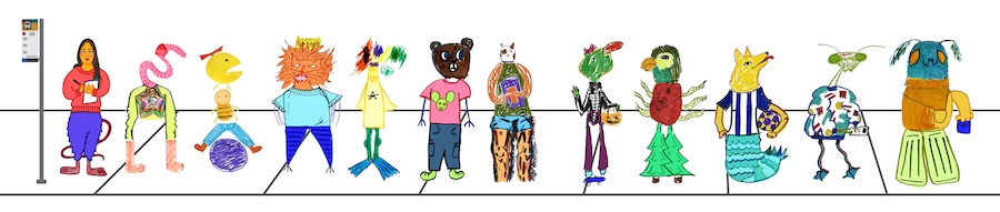 A colorful lineup of twelve whimsical, anthropomorphic characters with various animal, human, and fantasy traits, standing side by side in a row near a bus stop. Each figure is uniquely dressed and styled.