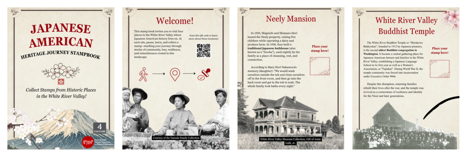 Four panels of a heritage journey stampbook. The cover shows the title and vintage photos. The next three panels display historical info, photos of Japanese Americans, Neely Mansion, and White River Valley Buddhist Temple.