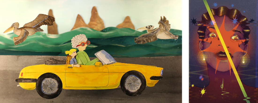 A cartoon woman with gray hair and red glasses drives a yellow convertible with a small dog, while two pelicans fly nearby. Next to them is a colorful stylized portrait of a surprised face with zigzag light streaks.