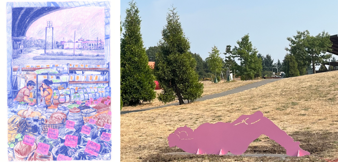 On the left, a purple-toned drawing of people shopping at an outdoor market. On the right, a pink silhouette sculpture of a reclining person on dry grass, with trees and a path in the background.