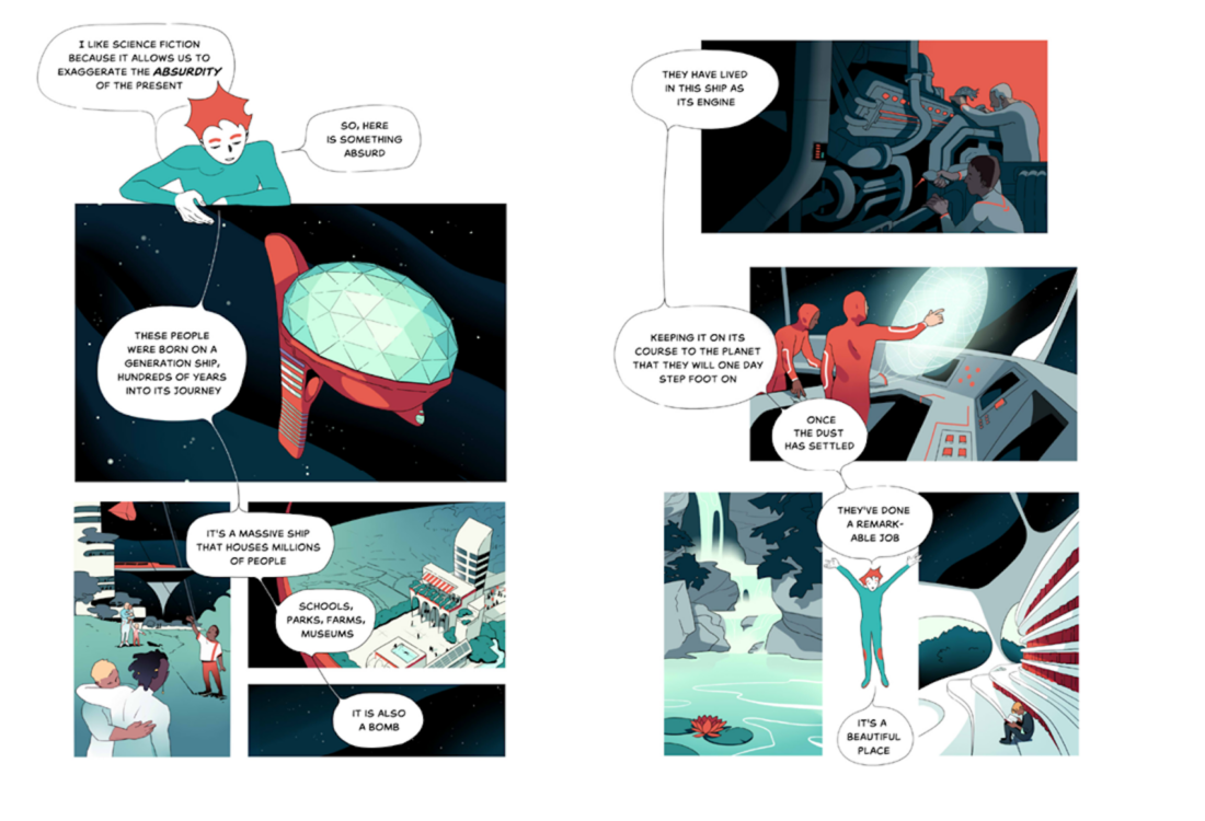 A comic strip shows a person discussing science fiction while floating beside a space pod. Scenes depict people in pods traveling to a new planet, cities, and a bright futuristic landscape with a person in a red suit greeting new arrivals.