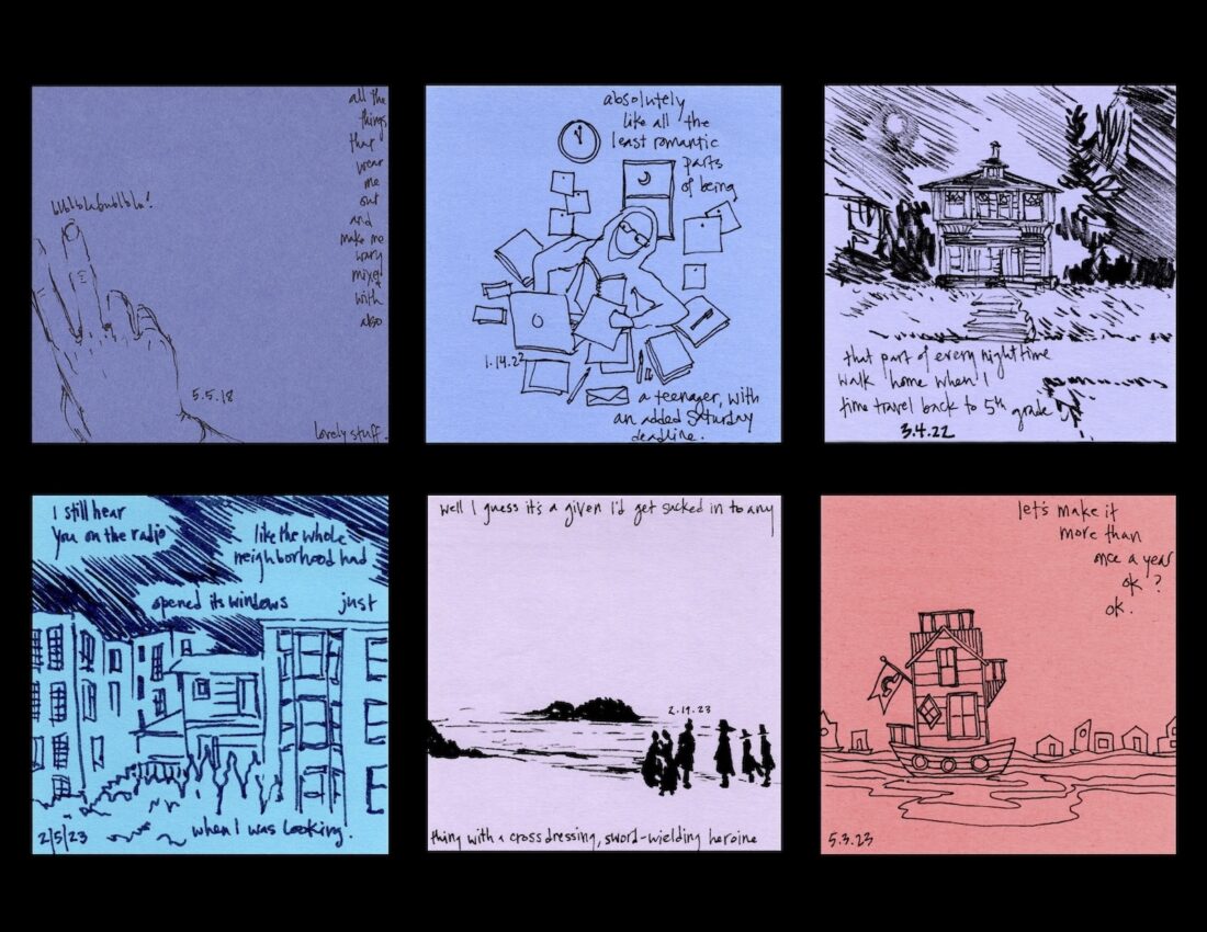 A collage of six hand-drawn sticky notes: sketches include a hand with raised fingers, scattered papers and a clock, a house, buildings with people, a shoreline group, and a quirky house on stilts, each with handwritten text.
